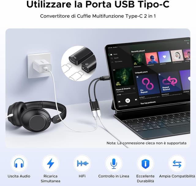Detalle de UGREEN Adattatore USB‑C a USB‑C 2‑in‑1 con ricarica PD 60W magnetico e audio 96 kHz/24 bit