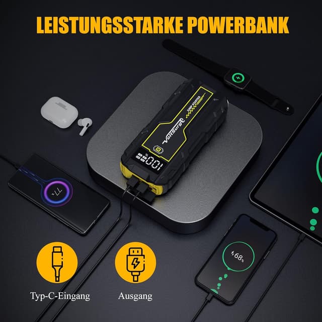 Detalle de VoltSurge VoltSurge 6000A Jump Box (bis 8L Diesel, 12V) – tragbarer Starthilfe-Booster mit USB und LED-Lampe
