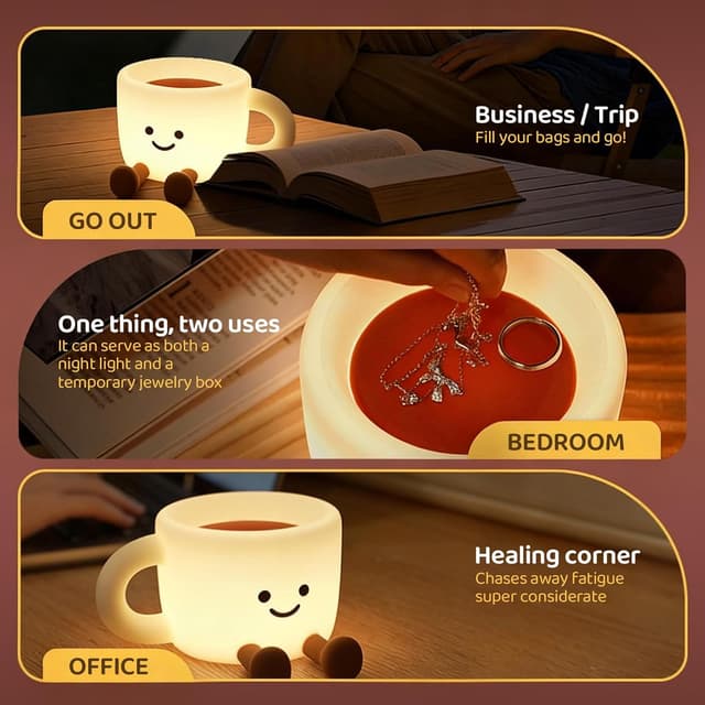 Detalle de Gemmac LED Nachtlicht „Kaffeetasse“ dimmbar, 7 Farben, Touch & Timer, USB-C wiederaufladbar