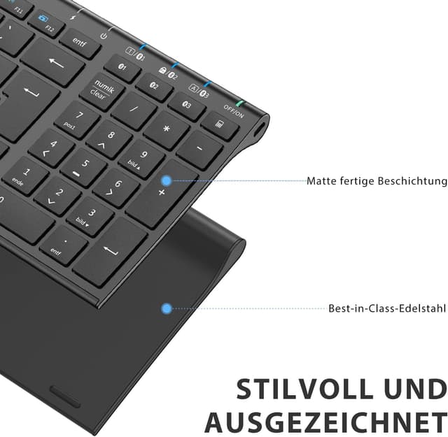 Detalle de iClever BK10 Bluetooth Tastatur mit 3 Geräten, wiederaufladbar und deutschem QWERTZ