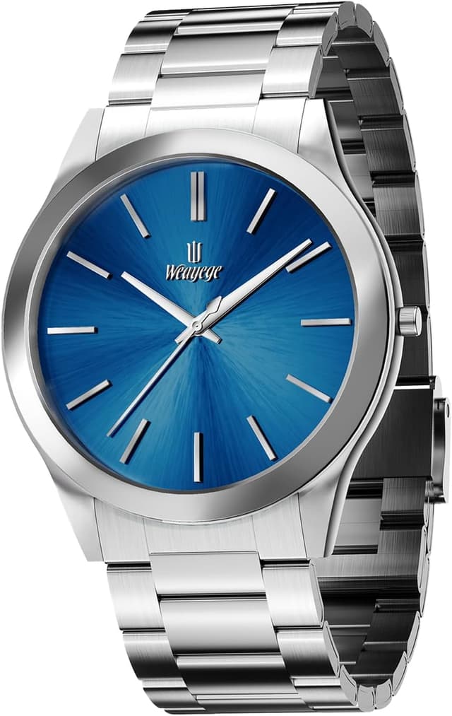 Detalle de Weayege Herren Analog-Uhr mit Quarzwerk und Edelstahl-Meshband (44 mm)