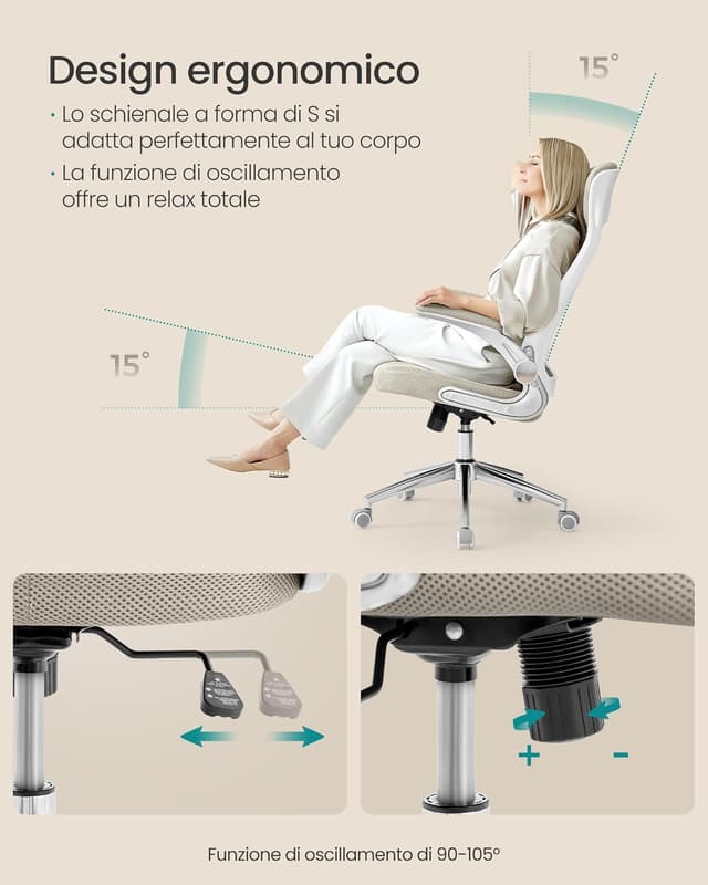 Detalle 2 de SONGMICS Sedia da Ufficio OBN086K01 Beige Cappuccino con poltrona girevole, braccioli ribaltabili e poggiatesta