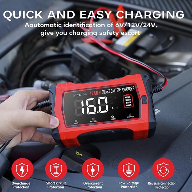 Detalle 2 de HTRC 16A Car Battery Charger (6V/12V/24V) with LiFePO4 support, 10-stage LCD & pulse repair
