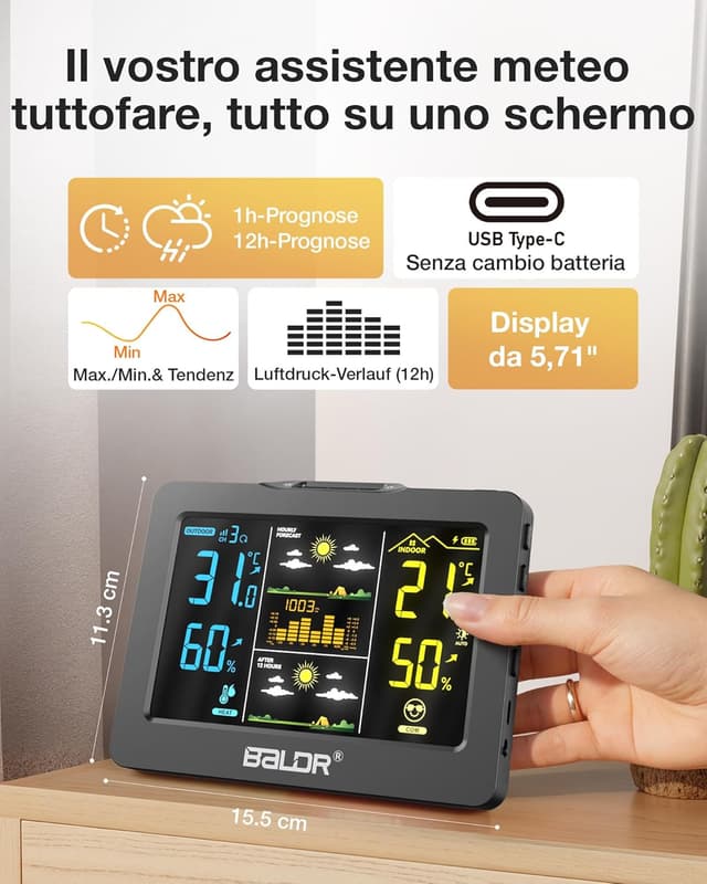 Thumbnail 3 de Stazione Meteo BALDR Wireless con sensore esterno e display a colori – previsioni 1h + 12h