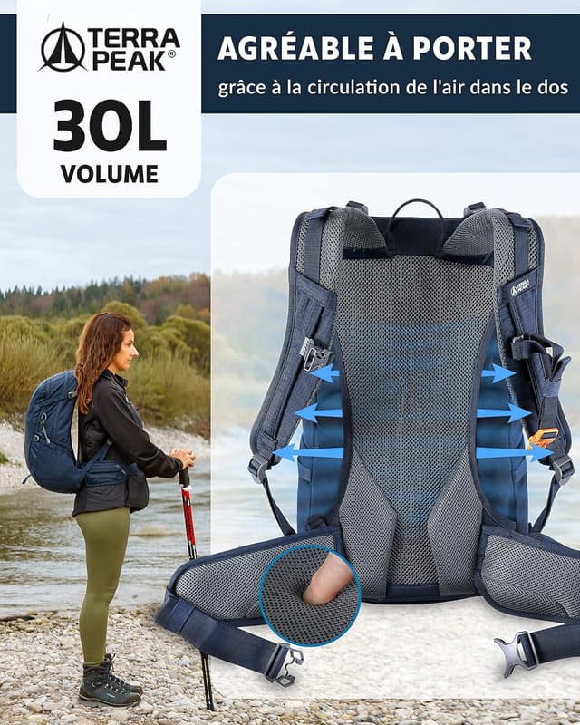Detalle 2 de Terra Peak® sac à dos de randonnée 20/30/40 L avec dos ventilé (Dynamic Air Flow) — pour homme et femme