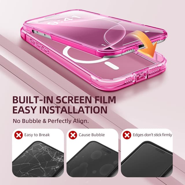 Thumbnail 6 de BERFY iPhone 16 Pro Max Case with MagSafe + Built-in 9H Tempered Glass Screen Protector (Clear Bright Pink)