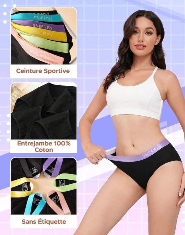 Detalle de INNERSY lot de 6 culottes femme en coton à taille mi-basse, confort stretch