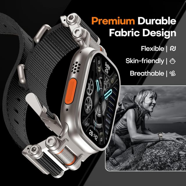 Detalle de TAURI rugged braided nylon Apple Watch Ultra strap (49mm) with stainless steel connectors – adjustable woven band in black