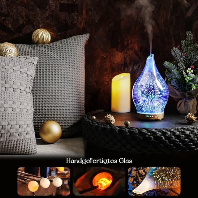 Detalle 2 de Porseme Aroma Diffuser 150 ml aus handgeblasenem Glas mit Ultraschall, 7 Farb-LED & Timer (BPA-frei, Desert)