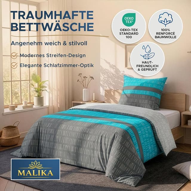 Detalle de MALIKA Bettwäsche-Set 135x200 aus Baumwolle (Renforcé) inkl. Kissenbezug 80x80, Oeko-TEX mit Reißverschluss