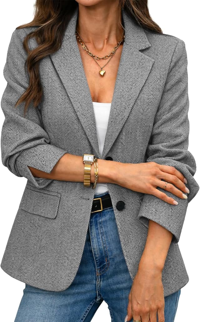 Detalle de ELLEVEN Women’s Herringbone Tweed Blazer (Slim Fit) – Business Casual Work Jacket