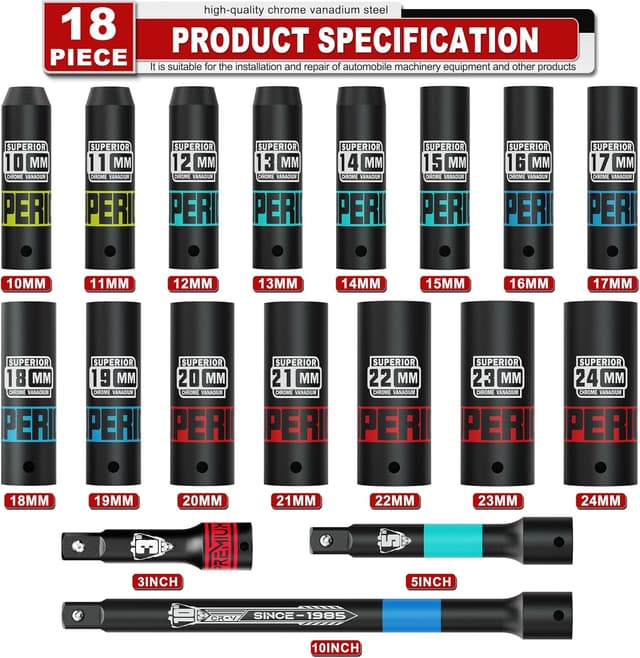 Detalle 2 de KIRXST Set bussole a impatto 1/2" 10–24 mm (18 pezzi) con barre di estensione 3”, 5” e 10”