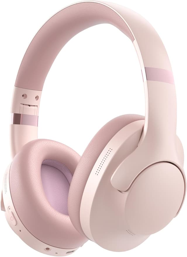 Detalle de Rebocico Active Noise Cancelling Bluetooth Headphones with Mic (100H playtime) – Pink, foldable over-ear