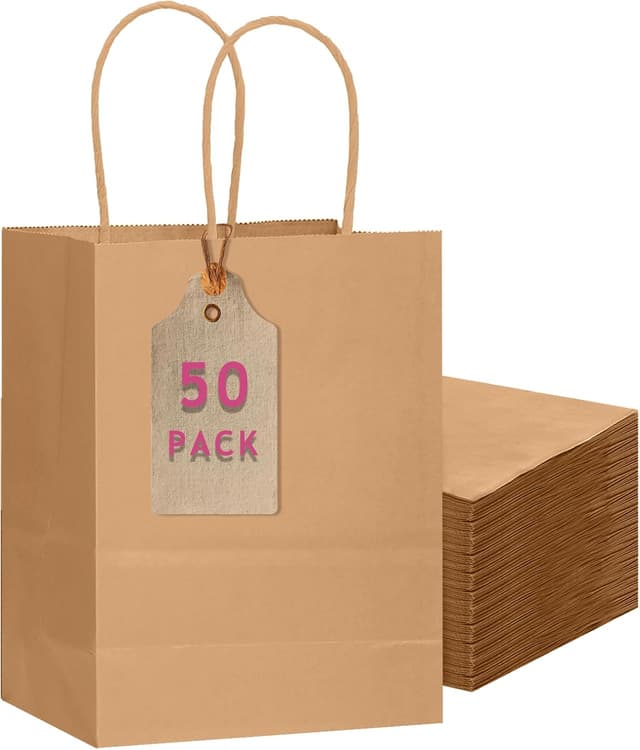 Detalle de Gcardist 50-Pack Brown Paper Gift Bags with Handles (Medium, 10.6x8.3x4.3)