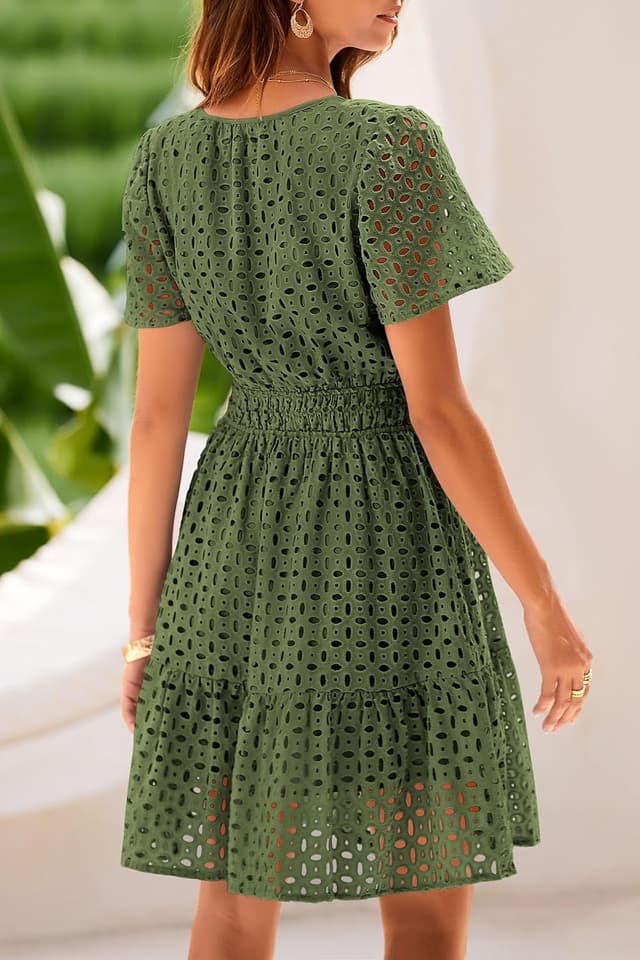 Detalle de PRETTYGARDEN Women’s 2026 Summer V-Neck A-Line Short Dress with Hollow-Out Lace