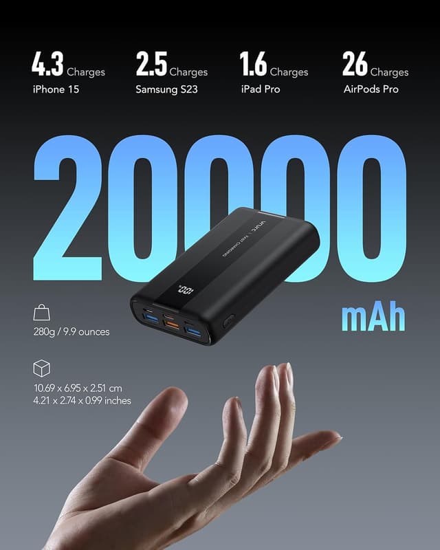Detalle de VRURC Batterie Externe 20000 mAh USB‑C Mini avec charge rapide 22,5 W et écran LED (3 ports entrée, 4 sorties)
