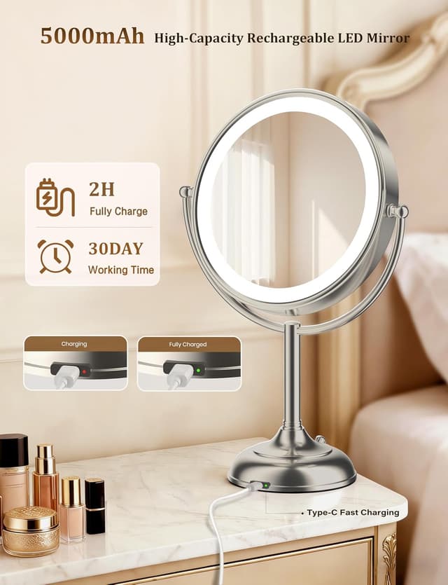 Detalle de VESAUR 2026 Upgraded Lighted Makeup Mirror (9") with 1X/10X/20X Magnification, 3 Light Modes