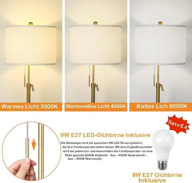 Detalle de Qingmiao Stehlampe für Wohnzimmer & Büro mit Leinen-Schirm, 140–168 cm höhenverstellbar und 3 Farbtemperaturen (E27)