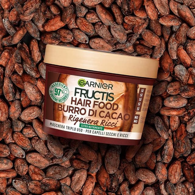 Detalle 2 de Garnier Fructis Hair Food Burro di Cacao – Masque nourrissant régénérant pour cheveux secs et bouclés, 390 ml (femme)