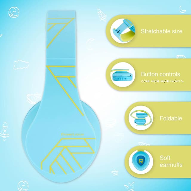 Detalle de PowerLocus KinderKopfhörer Bluetooth Over-Ear mit 85 dB Lautstärkebegrenzung, Mikrofon & faltbar (inkl. Tragetasche)