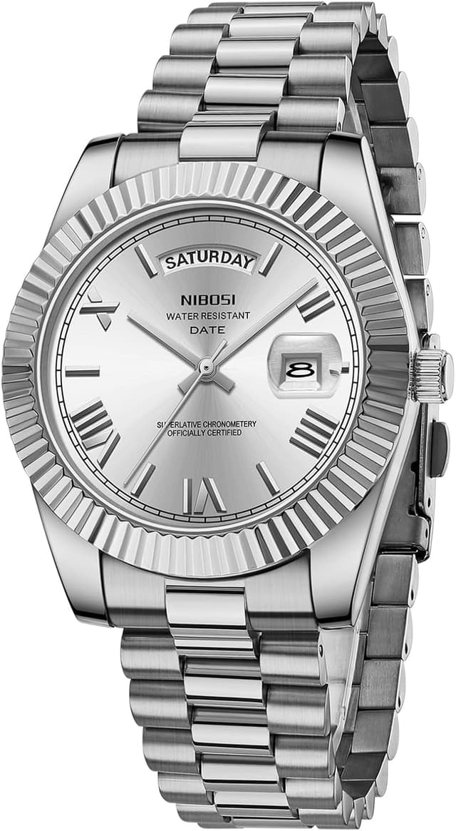 Detalle de NIBOSI orologio da uomo analogico al quarzo in acciaio inox oro rosa/argento, impermeabile 3 atm con giorno e data