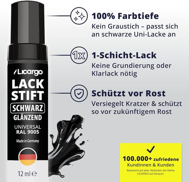 Detalle de LICARGO Lackstift Schwarz Glänzend 12 ml – Deckkraft für Steinschläge & Kratzer im Lack