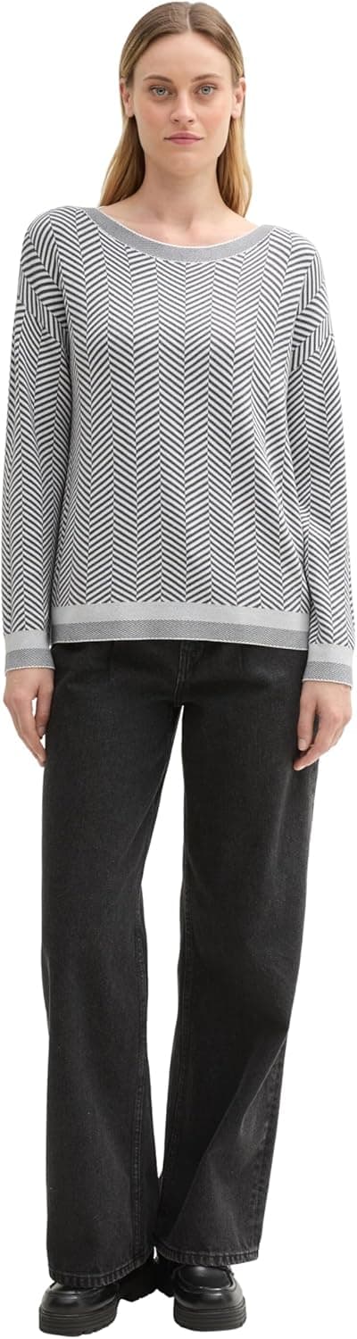 Detalle de TOM TAILOR Pullover donna con motivo a spiga e righe al fondo