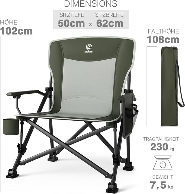 Detalle de EVER ADVANCED faltbarer Campingstuhl XL bis 230 kg mit Seitentasche und Getränkehalter