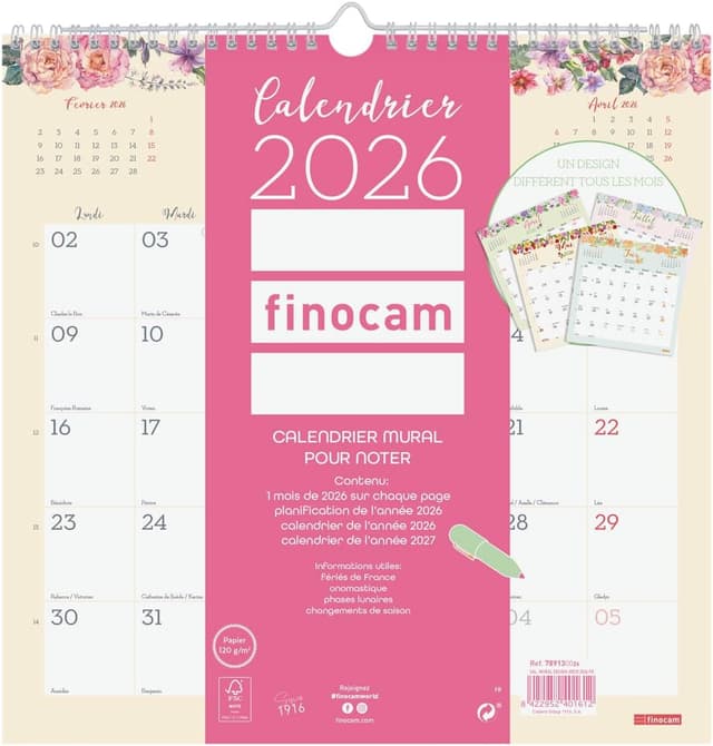 Detalle 2 de Calendrier mural 2026 Finocam (janvier à décembre 2026) – planificateur mensuel neutre