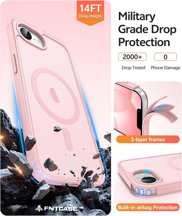 Detalle de FNTCASE iPhone 16e case (MagSafe compatible) — matte translucent protective cover, light pink