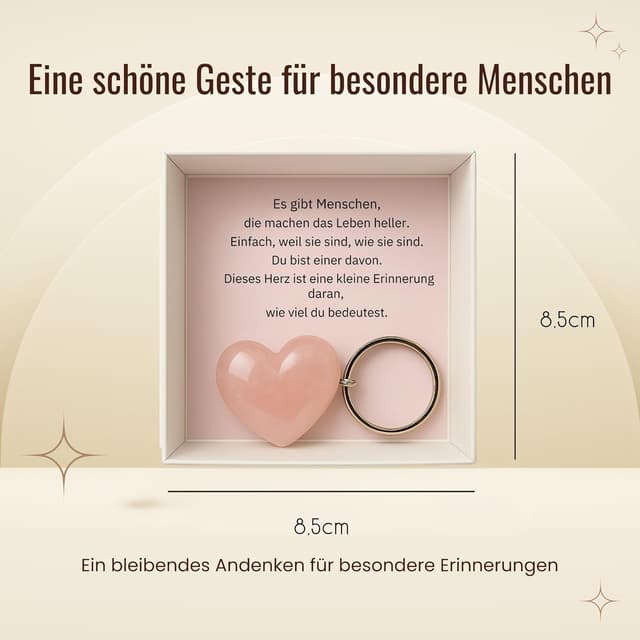 Detalle de Milaboo handgefertigte Geschenkbox mit Herzstein-Anhänger aus Rosenquarz – persönliche Stülpbox mit Botschaft