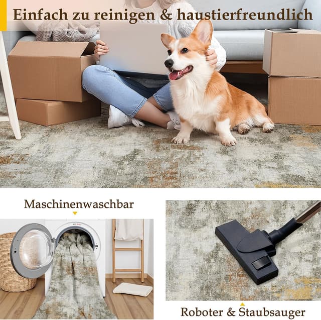 Detalle de PureCozy Abstraktes Wohnzimmer-Teppich-Set 240 x 300 cm (Vintage, waschbar, rutschfest, Orange-Grau)