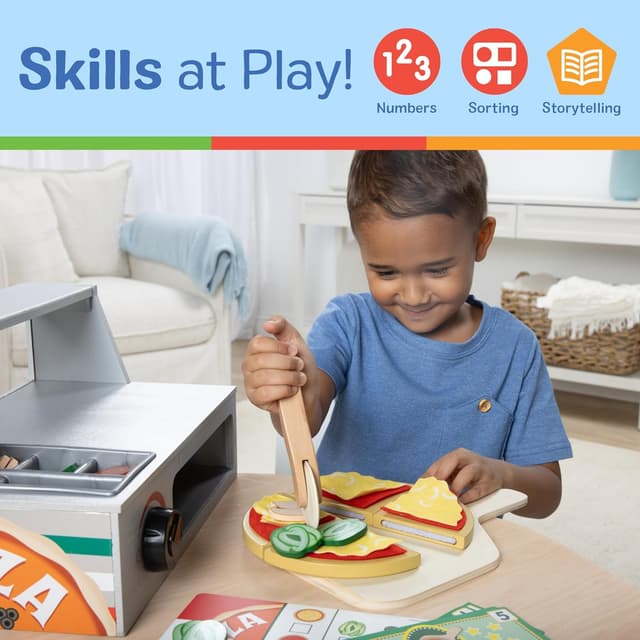 Detalle de Melissa & Doug Holz-Pizzeria (41-teilig) – Pizza-Set für Rollenspiel ab 3 Jahren