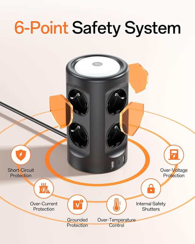 Detalle de Tour multiprise USB 11 en 1 : 8 prises Schuko + 3 USB, 2 m avec veilleuse et protection contre la surtension