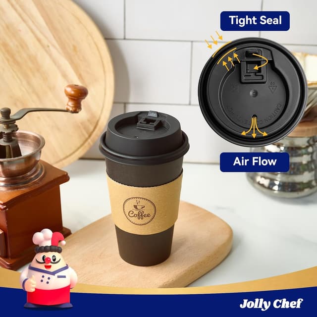 Detalle de JOLLY CHEF 16 oz Disposable Black Hot Paper Coffee Cups (100-Pack) with Lids, Kraft Sleeves & Stirrers