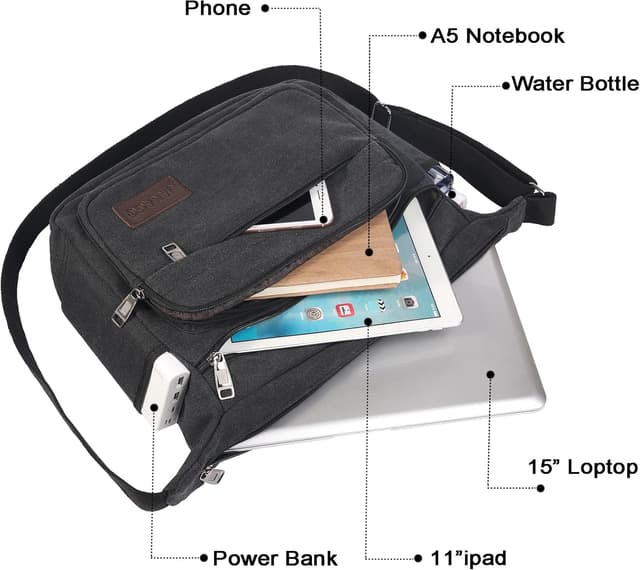 Detalle de JAKAGO Canvas Messenger Bag 15 inch – waterproof shoulder bag with multiple pockets for work, travel and outdoors