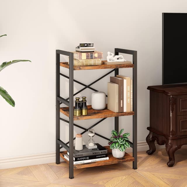Detalle 2 de Homeiju 3-Tier Industrial Metal Bookshelf (Rustic Brown) — Compact etagere for home office, bedroom, and living room