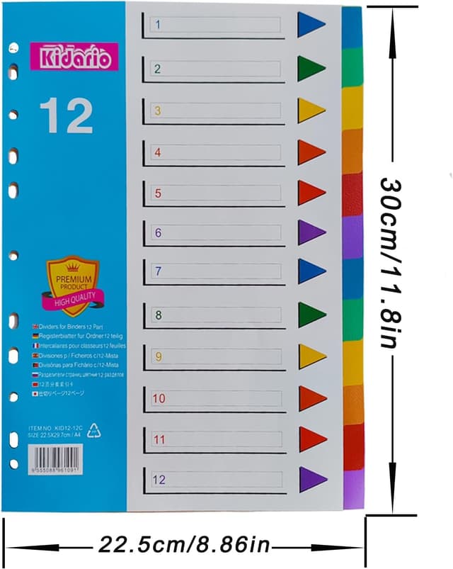 Detalle de A4 File Dividers 5 Pack, 12-Part PP Index Tabs (1–12) for Ring Binders