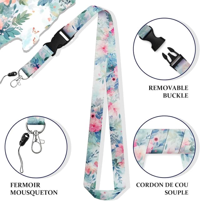 Detalle de Porte-badge Lusibaka pour carte avec cordon tour de cou rétractable et mousqueton rotatif (H-Fleurs roses blanches)