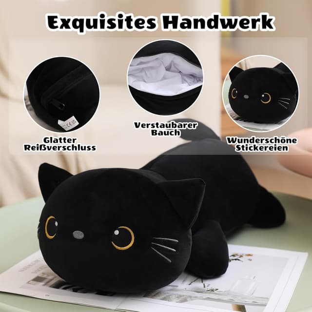 Detalle de SQEQE Black Cat Plush – 5-in-1 giant cat pillow with removable 4 baby kittens