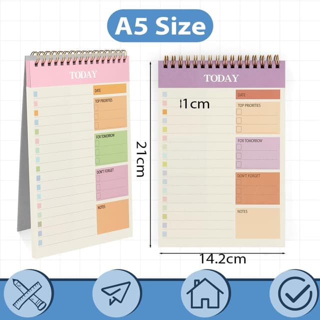 Detalle de OFFCUP To Do List Planner A5 non datato, 2 pezzi da 52 fogli (104 pagine) con rilegatura a doppia spirale