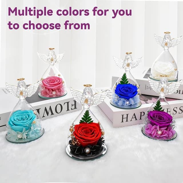 Detalle 2 de YiHuaHua Rose Eternelle Cadeau Femme avec figurine d’ange et cloche en verre borosilicate