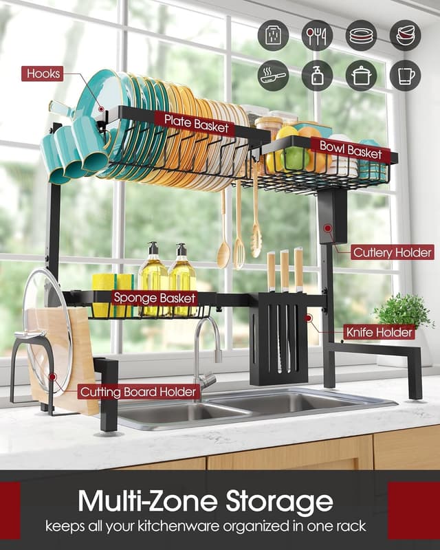 Detalle 2 de Sakugi Over The Sink Dish Drying Rack (Adjustable 2-Tier, Stainless Steel, Black)