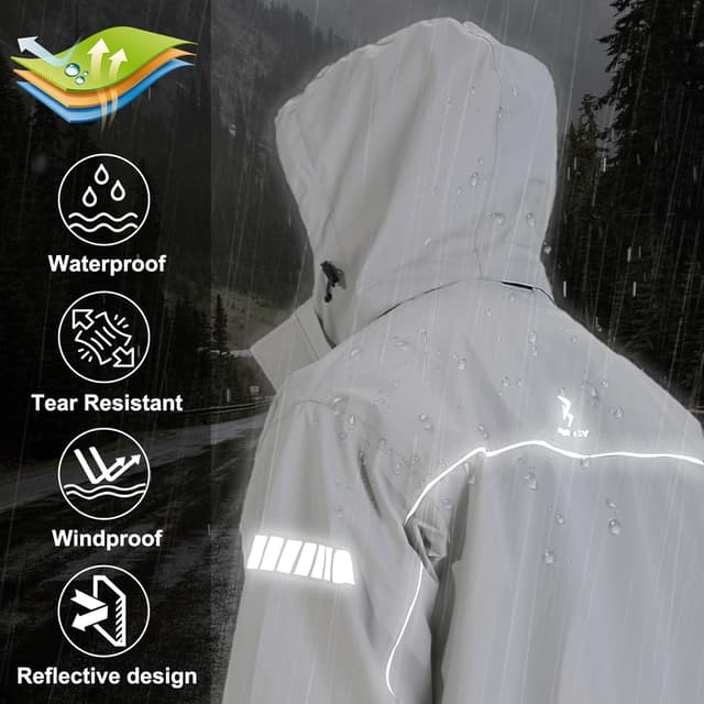 Detalle de Burjosy Herren Regenanzug – wasserdichte Regenjacke und Regenhose mit Kapuze, reflektierenden Streifen & Packfunktion