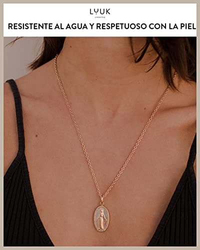 Detalle de LUUK LIFESTYLE Collar de acero inoxidable con colgante de la Virgen María y tarjeta HAPPINESS (rosa)