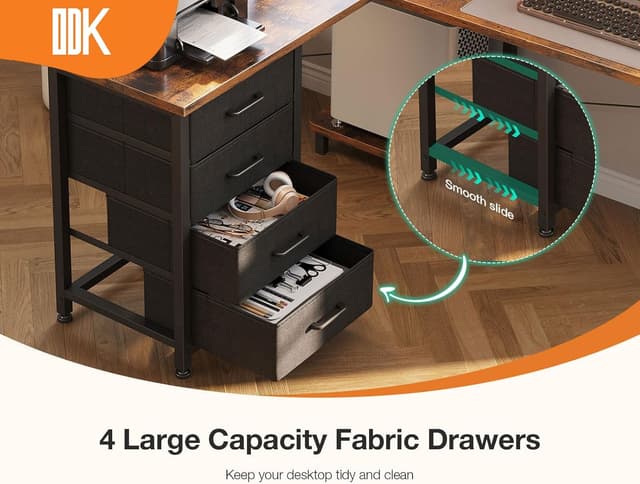 Detalle 1 de ODK Corner Desk with Drawers – Reversible L Shaped Computer Desk with Power Outlet, USB Charging and Host Stand, 135×100cm (Vintage Brown)