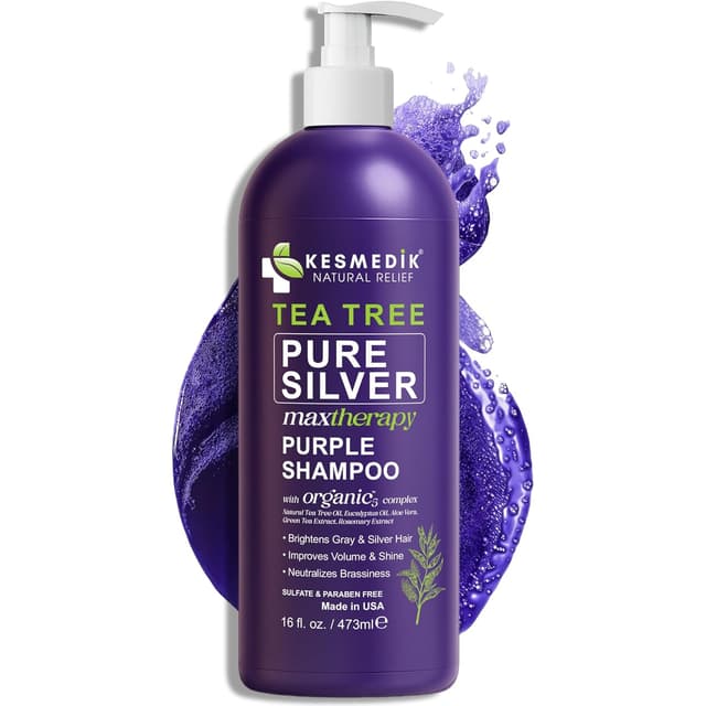 Detalle de KESMEDIK Tea Tree Purple Shampoo with Rosemary & Aloe (Sulfate-Free) — Anti-Brass Toner for Gray, Bleached, White & Blonde Hair, 16 fl oz