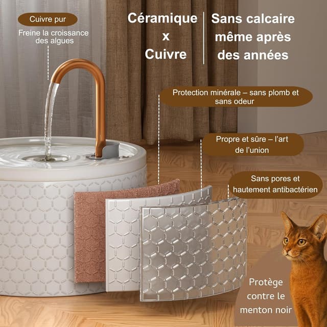 Detalle de Fontaine à eau pour chat MISFANS en céramique 2,1 L – design nid d’abeille et filtration