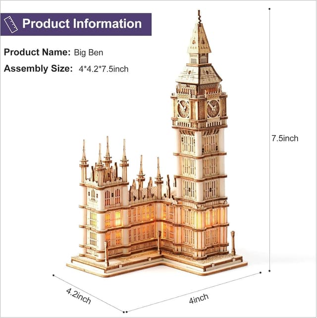 Detalle de RoWood 3D Holzpuzzle Big Ben Modellbausatz mit LED – DIY Bastelset für Erwachsene