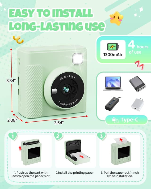 Thumbnail 6 de TIATUA Kids Instant Print Camera (Green) — 1080P HD Video Digital Camera with Print Paper & 32G Card